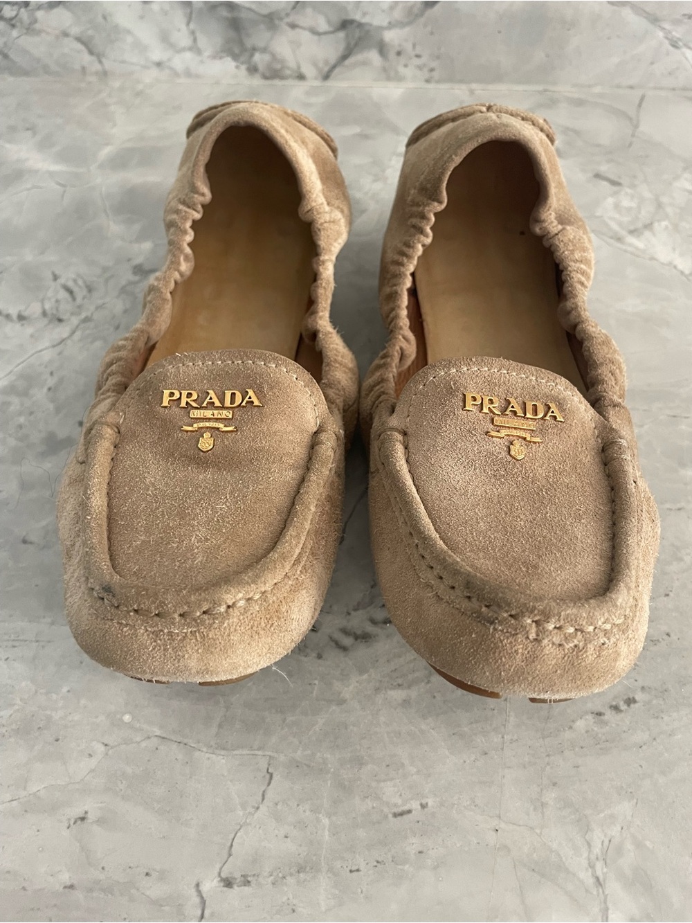 Prada Taupe Suede Loafers with Gold Logo